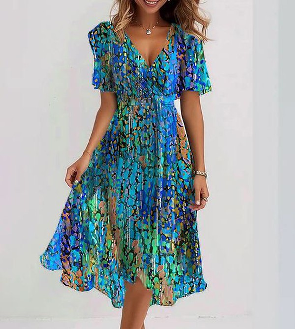 Laureen™ | Blauer Midi-Kleid mit kurzen Ärmeln