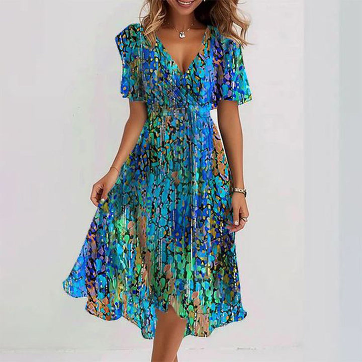 Laureen™ | Blauer Midi-Kleid mit kurzen Ärmeln